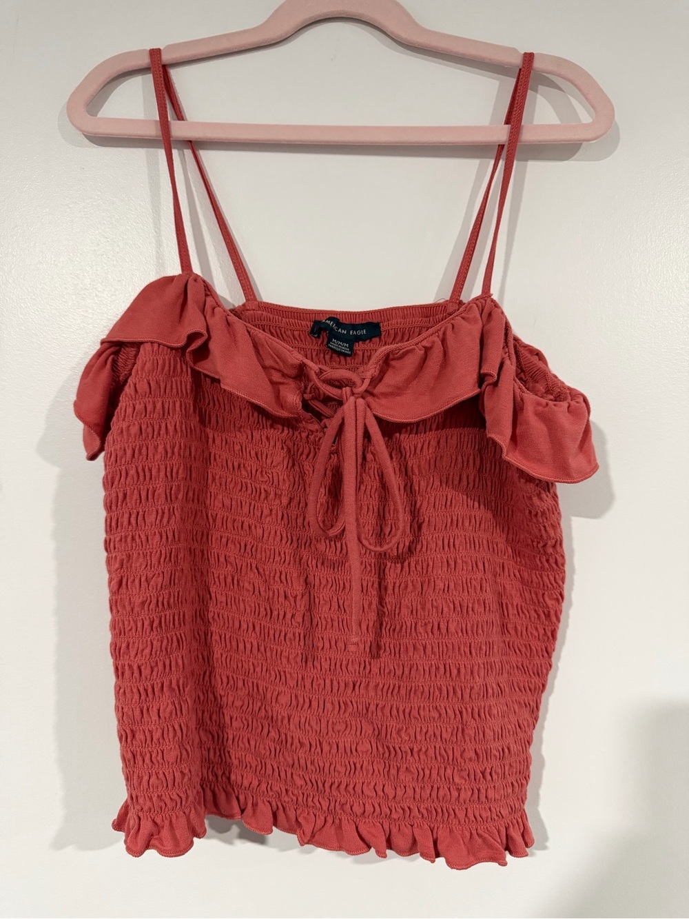 American Eagle Outfitters Coral Smocked Ruffle Tie-Front Cami